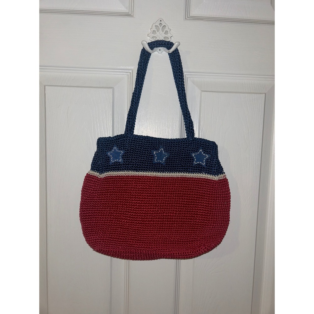 Patriotic Red White Blue Crochet Star Tote Bag Americana Shoulder Bag Handbag